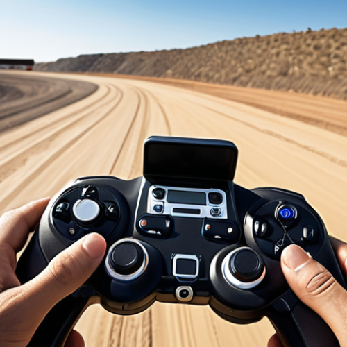 Home 15 **
A pistol grip RC car controller with advanced dual-rate settings, used during an off-road race. Focus on the ergonomic design, highlighting the trigger throttle and thumb-operated steering wheel. The background shows a blurred race track with RC cars in motion. Capture a sense of speed and precision.
**