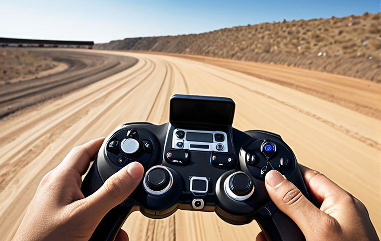 **
A pistol grip RC car controller with advanced dual-rate settings, used during an off-road race. Focus on the ergonomic design, highlighting the trigger throttle and thumb-operated steering wheel. The background shows a blurred race track with RC cars in motion. Capture a sense of speed and precision.
**